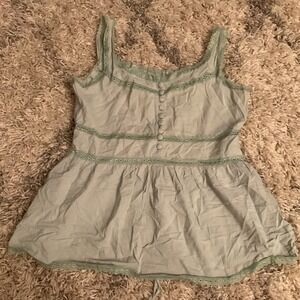 Cotton Express Sage Green Eyelet Lace Peplum Top Sleeveless Button Front Large